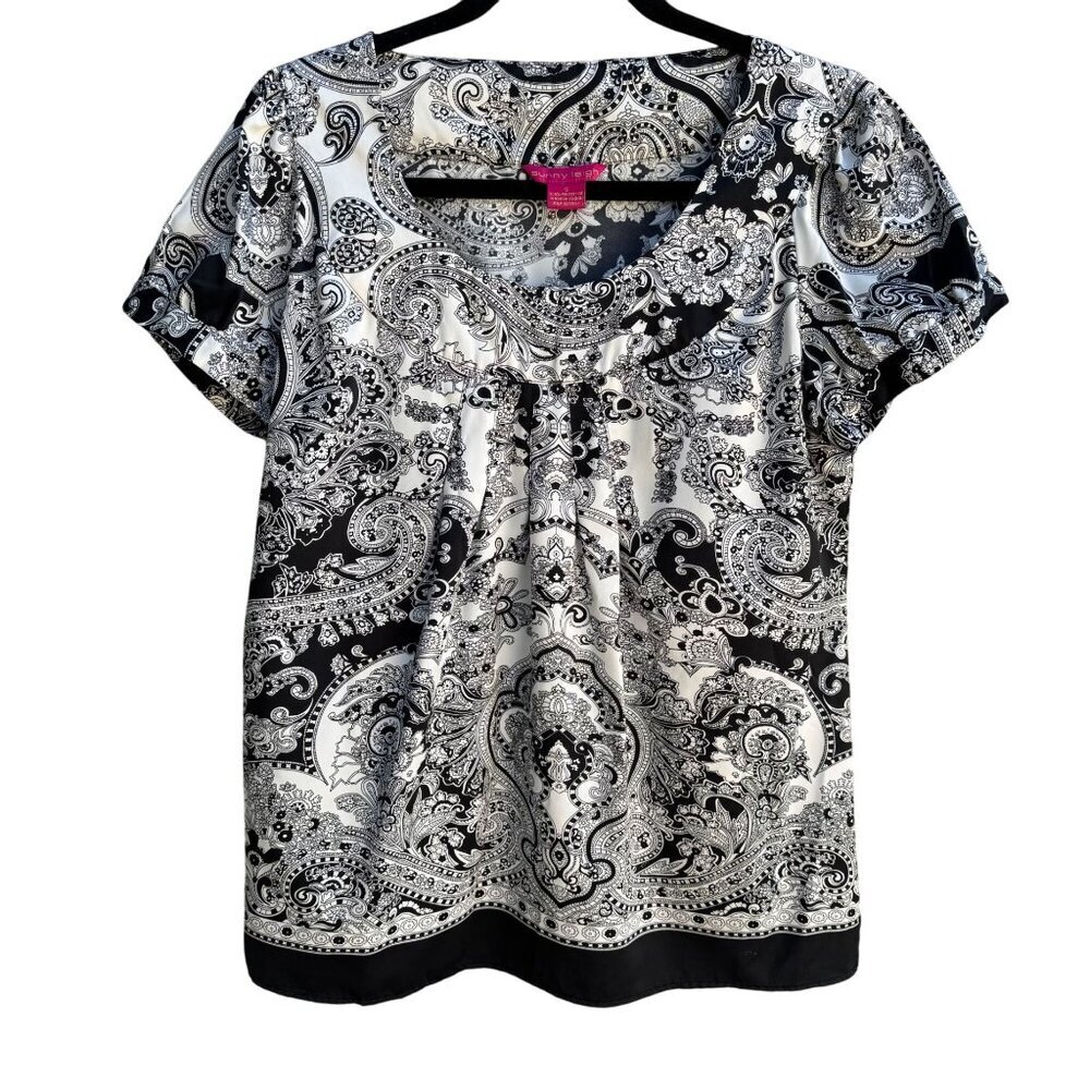 Sunny Leigh Womens Pleated Scoop Neck Paisley Print Cap Sleeve Tunic Blouse S‎